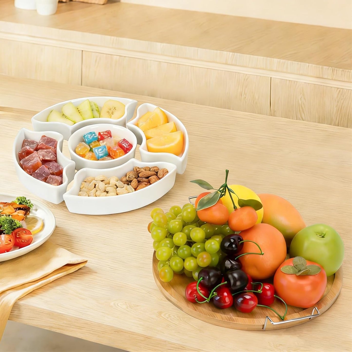 Chip and Dip Serving Set, Serving Platters, 11 inch Ceramic Appetizer Serving Tray, Porcelain Divided Serving Dishes, 6-Compartment Removable Appetizer Snack Dishes, Serving Platters and Trays