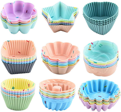 48 Pack Silicone Muffin Cups, Silicone Baking Cups, Muffin Liners, Reusable Cupcake Liners Nonstick, 9 Shapes Pastry Cake Molds Bento Lunch Box Dividers