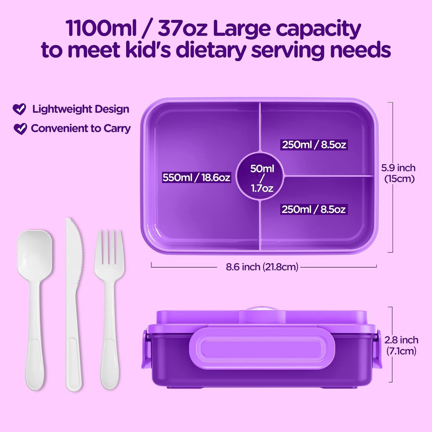 Jelife Bento Lunch Box for Kids - Leakproof Large Bento-Style with 4 Compartments Portions Lunchbox with Tableware Back to School, Reusable On-the-Go Meal and Snack Packing, Blue