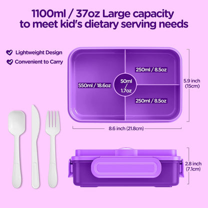Jelife Bento Lunch Box for Kids - Leakproof Large Bento-Style with 4 Compartments Portions Lunchbox with Tableware Back to School, Reusable On-the-Go Meal and Snack Packing, Blue