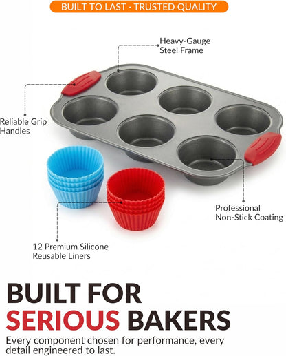 Boxiki Kitchen Non-Stick 12 Cup Silicone Muffin Pan with Steel Frame - BPA Free, Non-Toxic, Anti-Warp, Durable & Easy to Pop Silicone Muffin Tin - Perfect Cupcake Pan