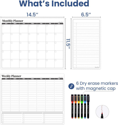 Non-Magnetic Dry Erase Calendar Set for Fridge - Reusable Monthly and Weekly Calendar Sticks to Most Smooth Surfaces - 6 Dry Erase Markers Included - Shipped Flat