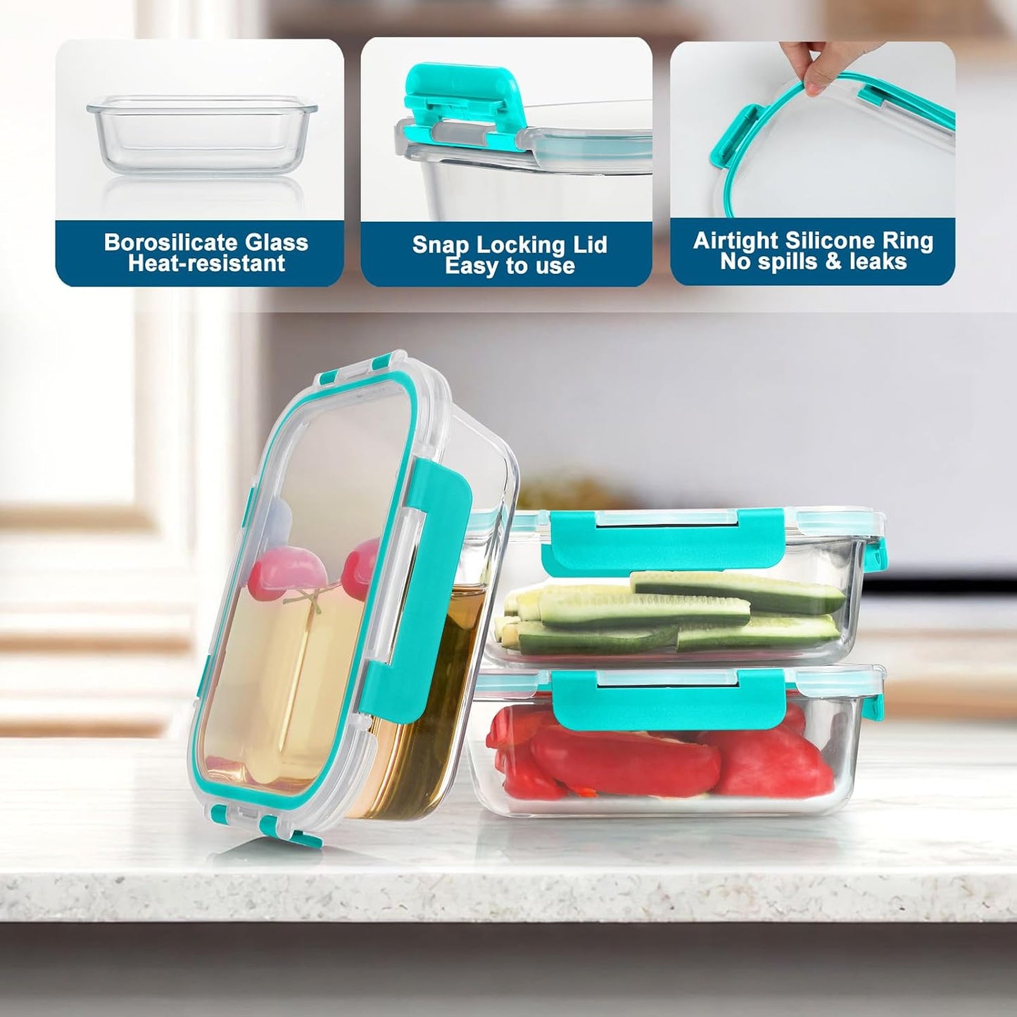 BAYZZ 10 Pack Glass Meal Prep Containers, Glass Food Storage Containers with Lids, Airtight Lunch Box, Freezer,Oven,Microwave and Dishwasher Safe