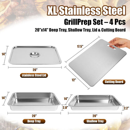 20" Stainless Steel Grill Carry System, 4-Piece Deep & Shallow Trays with Lid and Cutting Board, for BBQ Meat Marinating, Carrying & Serving