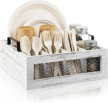Mimorou Farmhouse Wooden Napkin Paper Plate and Utensil Holder Caddy Kitchen Utensil Holder Farmhouse Rustic Cutlery Flatware Organizer for Party Caddy Spoon Forks Napkins(Distressed White)