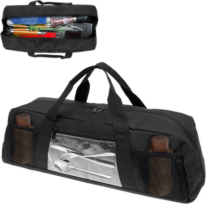 Grill Tool Storage Bag, Outdoor BBQ Utensil Storage for Barbecue Tool up to 21", Grill Utensil Storage with Zippered Pocket and Mesh Pockets, BBQ Accessories Case Container for Camping（Only Bag）