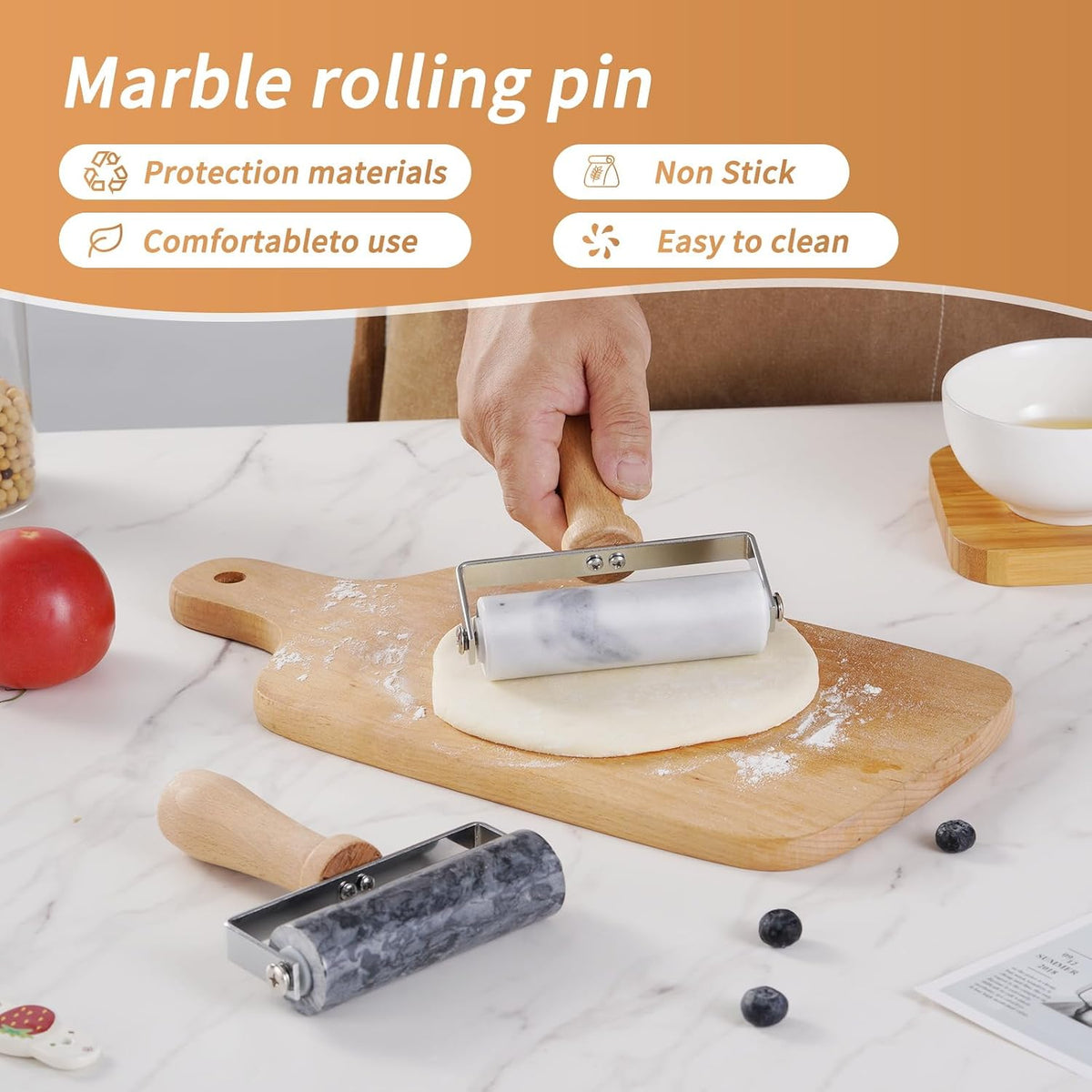 Small Marble Rolling Pin Pizza Roller for Baking (Type B Black)