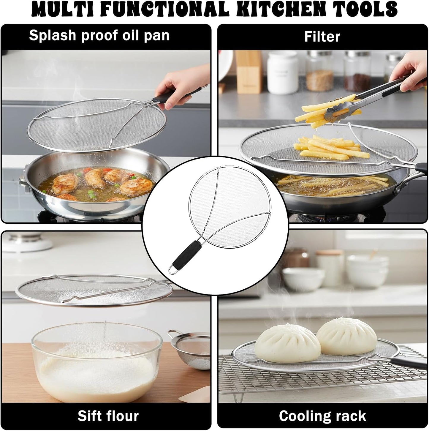 Splatter Screen, 10’’ Stainless Steel Splatter Guard for Frying Pan Grease Splatters Guard with Grip Handle Fine Mesh Oil Splash Screen Pan Cover When Sizzling Bacon, Cooking Fried Chicken or Popcorn
