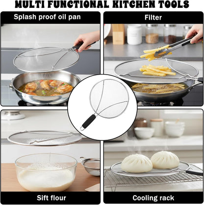 Splatter Screen, 10’’ Stainless Steel Splatter Guard for Frying Pan Grease Splatters Guard with Grip Handle Fine Mesh Oil Splash Screen Pan Cover When Sizzling Bacon, Cooking Fried Chicken or Popcorn