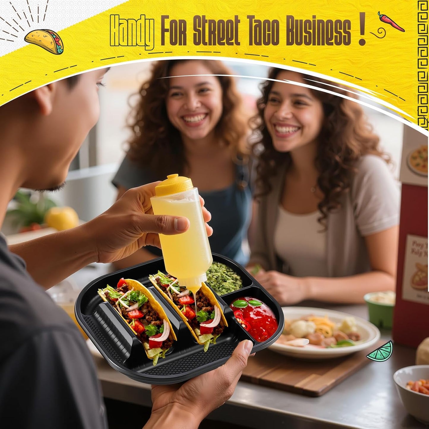 Baderke 40 Pack Disposable Plastic Taco Plates, Fiesta Tacos Holder Tray PP Taco Holder Plates with 2 Dividers for Soft & Hard Shells for Tacos Tuesday Bar, Parties, Picnics (Black)