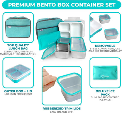 Stainless Steel Bento Lunch Box Set For Adults, Kids - Insulated Bag And Ice Pack - Leak-Proof Metal Compartment Meal Prep Food & Snack Containers For Work Travel School Daycare, 42 Oz Grey Black