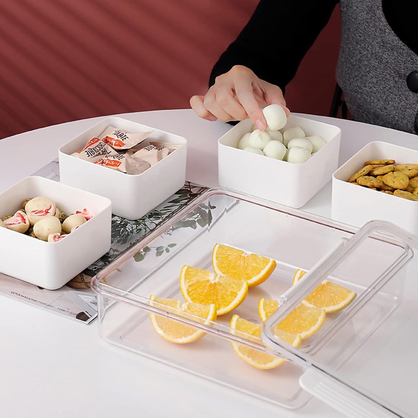Divided Serving Tray with Lid for Veggie Charcuterie Container Portion Control Salad Keeper with 4 Removable Boxes Stackable Refrigerator Organizer Bins Food Storage Organizer Produce Saver