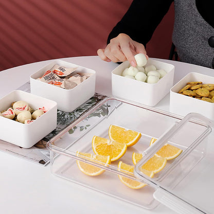 Divided Serving Tray with Lid for Veggie Charcuterie Container Portion Control Salad Keeper with 4 Removable Boxes Stackable Refrigerator Organizer Bins Food Storage Organizer Produce Saver