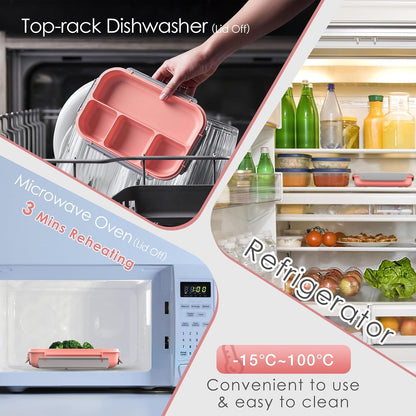 WHALEHOUSE Bento Lunch Box, 1300ML 4 Compartments Meal Prep Container with Utensil, Airtight Food Storage Container with Snap Locking Lids, Microwave/Dishwasher/Freezer Safe, On the Go