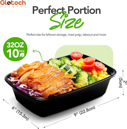 Glotoch 10-Pack Meal Prep Containers with Lids (20-Piece Set), 24 oz Reusable Food Storage Containers, Heavy-Duty Leakproof Bento Boxes, BPA-Free, Microwave/Freezer/Dishwasher Safe, Black