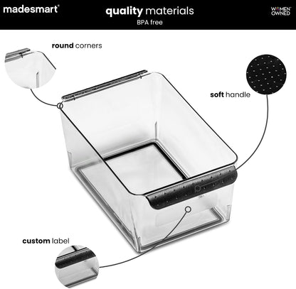 madesmart Fridge Portable Tote, Condiment Caddy with 2 Compartments, Pop-Up Handle & Non-Slip Base, Refrigerator Organizer for Sauces, Jars & Small Items, Clear