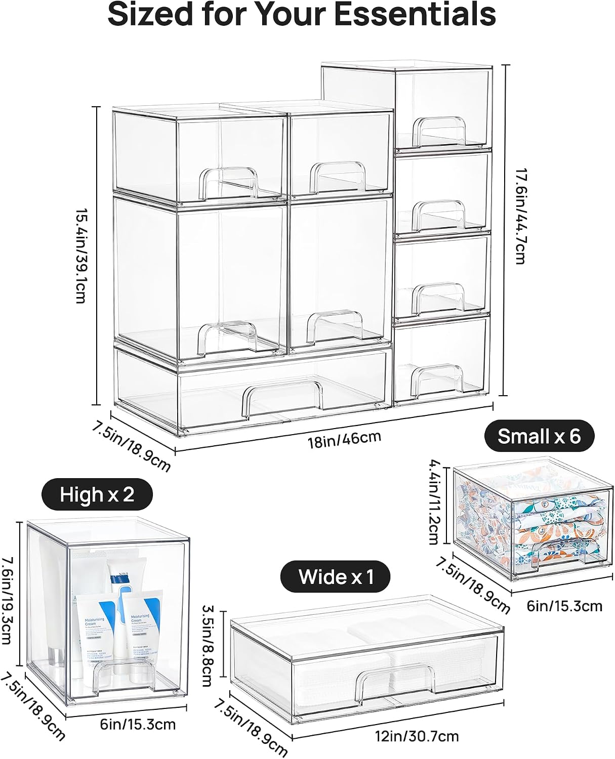 Vtopmart Stackable Storage Drawers Set of 5, Clear Plastic Organizer Bins for Baby Bottle, Beauty Supplies Storage, Ideal for Kichen Countertop, Vanity, Bathroom, Cabinet, Pantry Organization