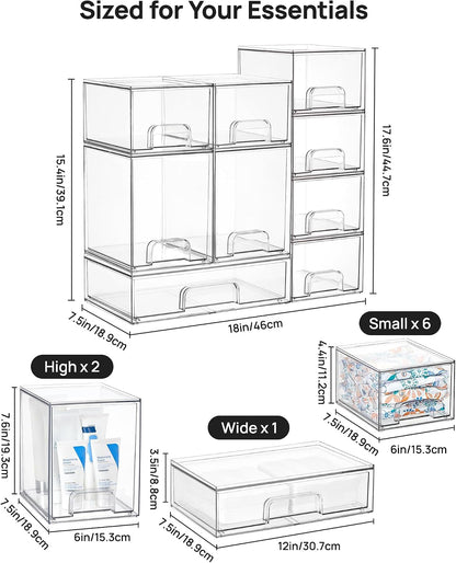 Vtopmart Stackable Storage Drawers Set of 5, Clear Plastic Organizer Bins for Baby Bottle, Beauty Supplies Storage, Ideal for Kichen Countertop, Vanity, Bathroom, Cabinet, Pantry Organization