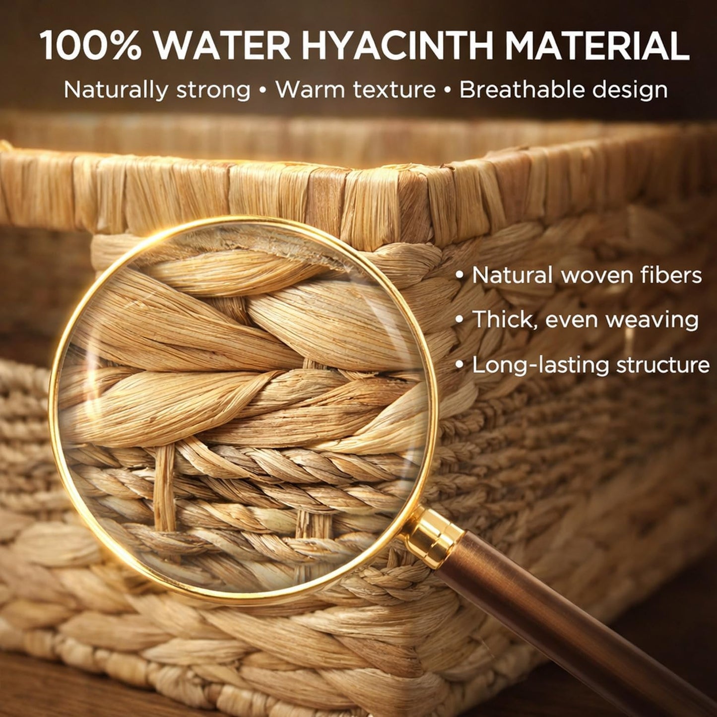Water Hyacinth Baskets, Wicker Storage Baskets with Built-In Handles, Handwoven Natural Fiber Storage Basket Set of 2 for Shelves, Pantry, Bathroom & Closet Organization