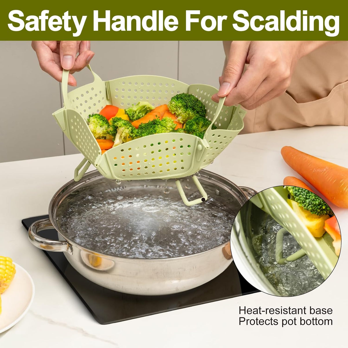 Large Collapsible Silicone Steamer Basket, Expandable for Pot,Non Slip Feet