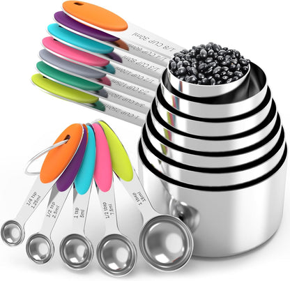 TILUCK Nesting Measuring Cups and Spoons Set, Stainless Steel with Soft Silicone Handle – Heavy Duty & Dishwasher Safe for Measuring Dry/Liquid Ingredients, Ideal for Cooking & Baking (10)