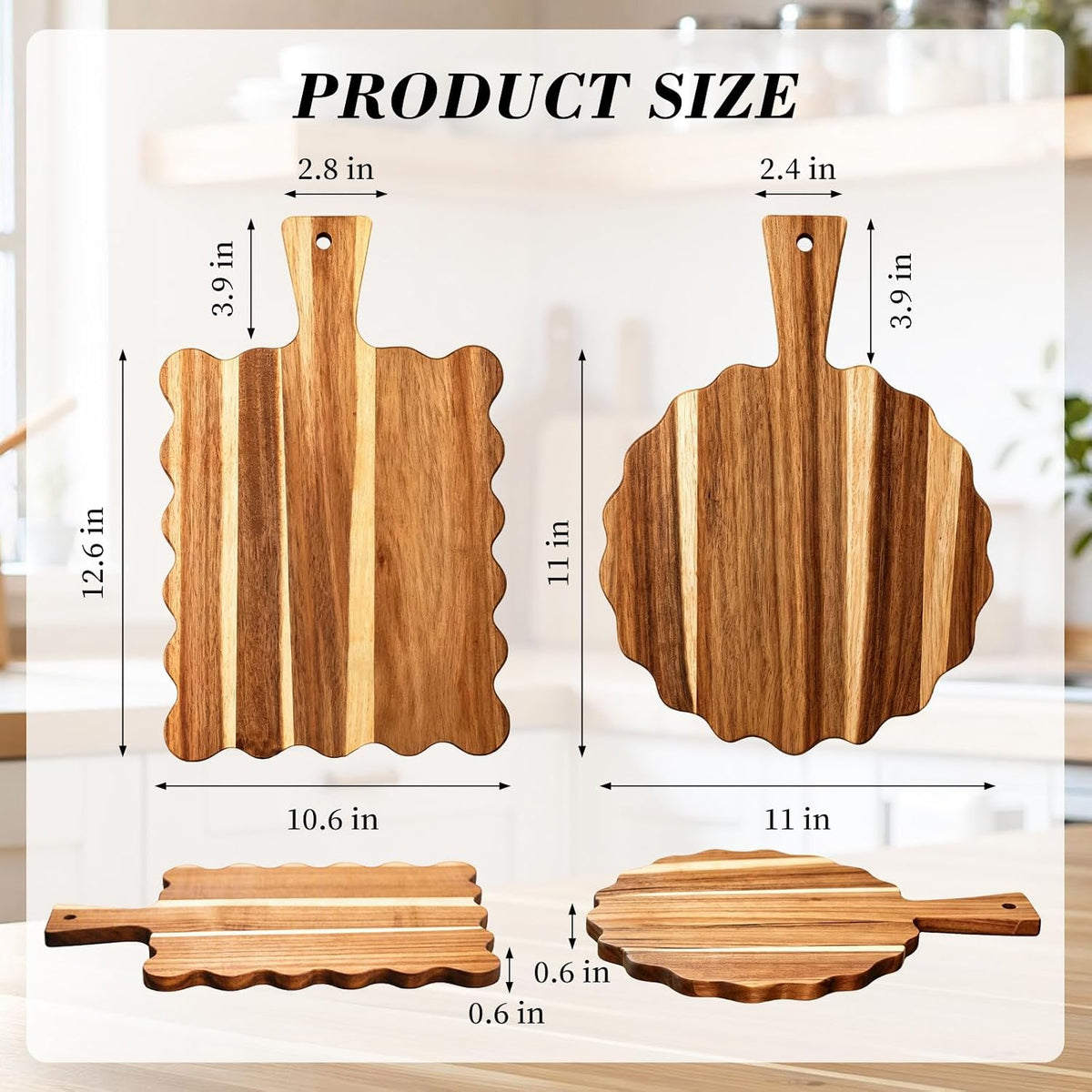 2Pcs Acacia Wood Scalloped Cutting Board with Handle Wooden Chopping Board Decorative Cutting Boards for Kitchen Decor Charcuterie Boards Serving Tray for Cheese Bread Pizza Fruit Meat