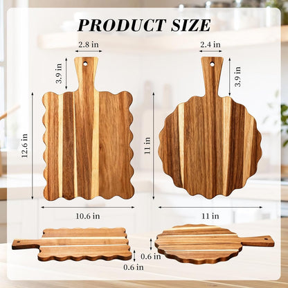 2Pcs Acacia Wood Scalloped Cutting Board with Handle Wooden Chopping Board Decorative Cutting Boards for Kitchen Decor Charcuterie Boards Serving Tray for Cheese Bread Pizza Fruit Meat