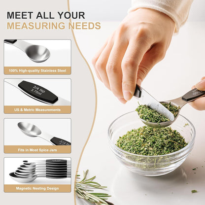 EWFEN Measuring Cups and Spoons Set, 7 Stainless Steel Nesting Measuring Cups & 7 Spoons, 5 Mini Measuring Spoons & 2 Detachable Rings, Kitchen Gadgets for Cooking & Baking, Round