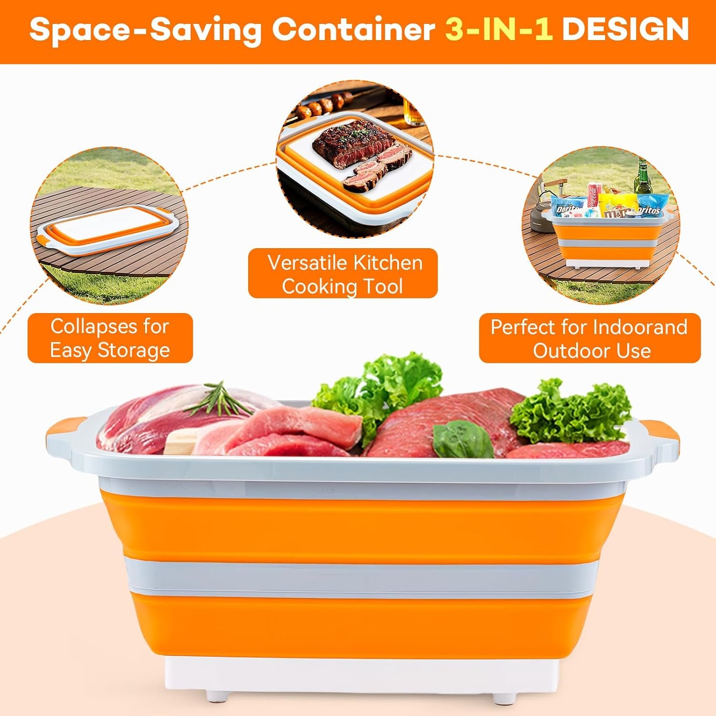 Collapsible Cutting Board with BBQ Prep Tub and Lid, Foldable Food Prep Container for Meal Prep, Marinating, Food Storage, Grilling, Camping and Outdoor Cooking, Dishwasher Safe, Black XX-Large