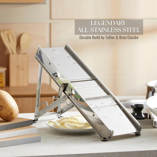 ICO Bron Coucke Professional Mandoline Slicer by Tellier with Hand Guard – Heavy Duty Stainless Steel Mandoline Slicer for Kitchen – Adjustable Straight, Julienne, & Waffle Blades – Crafted in France