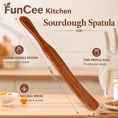 2 Pack Teak Wood Spatula, 12 Inch Wooden Spoons for Cooking, Sourdough Starter, Flat Steak Turner, Dough Whisk Spurtle Baking Utensil, Heat Resistant Spatulas for Cast Iron Flipping, stirring, Turning
