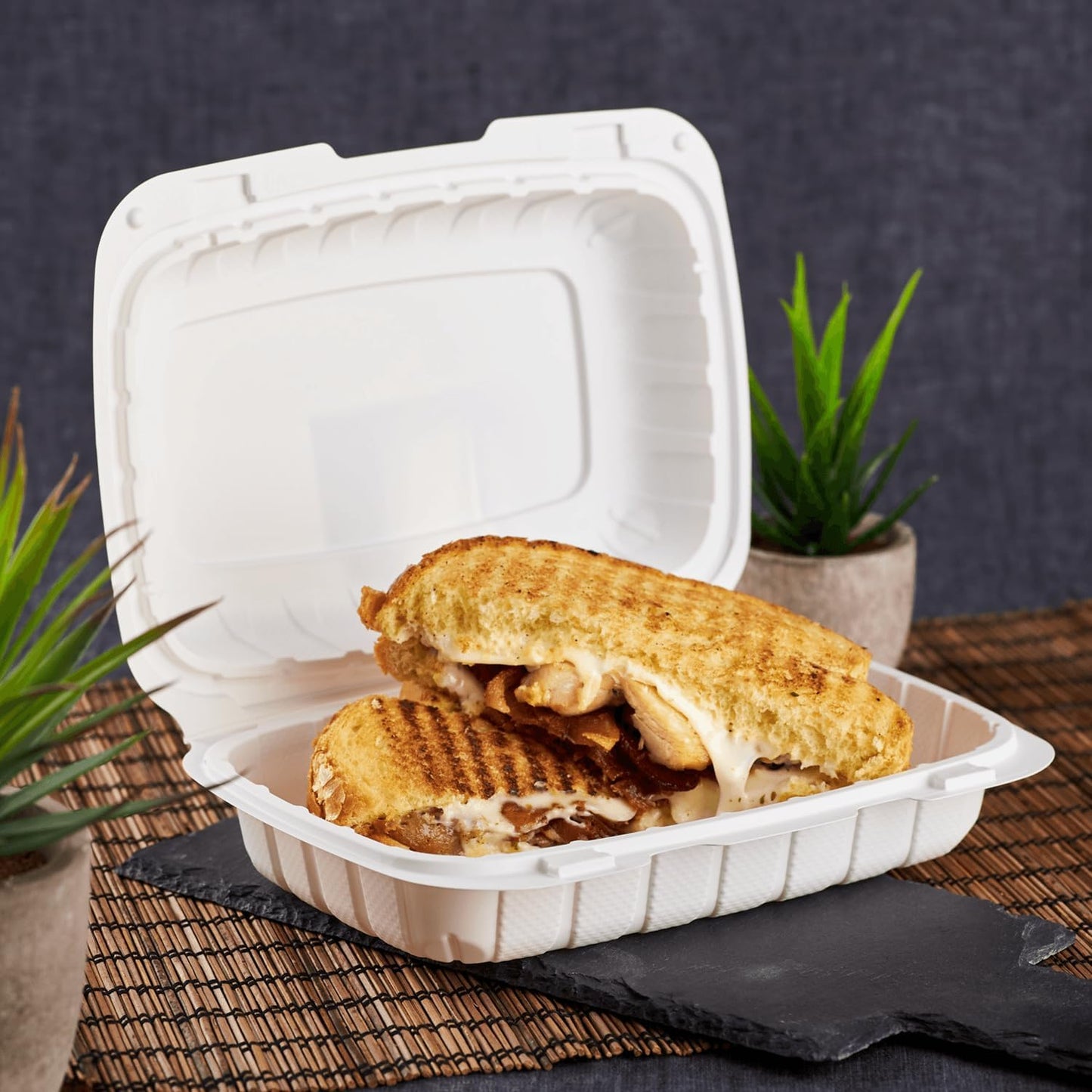 KARAT EARTH Clamshell Take Out Food Containers [8"x8" - 200 ct] To Go Containers | 3 Compartment, Soak-Resistant, Durable, Stackable | Vented for Hot/Cold Foods, White