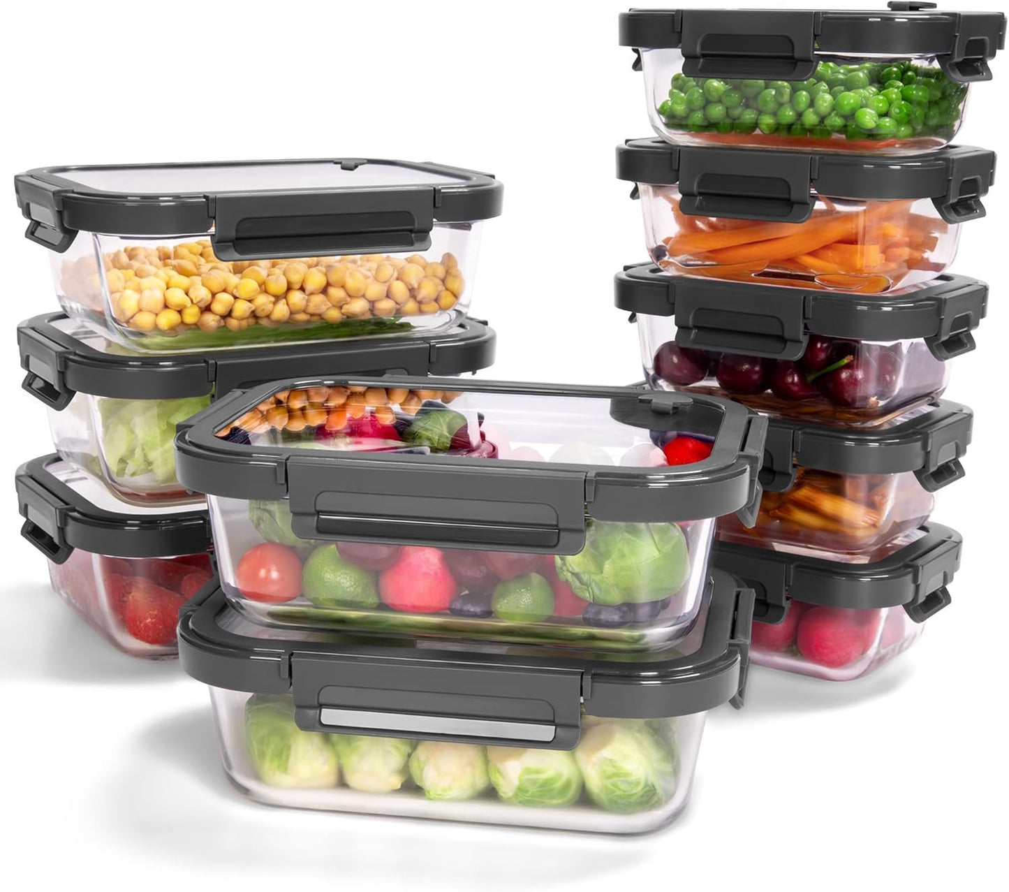 5-Pack Borosilicate Glass Containers with Tempered Glass Lids, 35.2oz/4.4 Cup Airtight Meal Prep Set, Microwave/Freezer Safe (Gray)