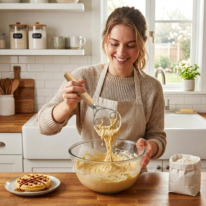 Danish Dough Whisk for Sourdough Bread, Stainless Steel with Wooden Handle, Manual Mixer Tool for No Knead Bread, Pizza and Baking