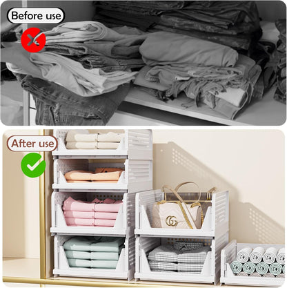CTSNSLH 5 Pack Closet Organizers Storage Box, Closet Storage Stackable Storage Bins, Plastic Drawer Basket for Wardrobe Cupboard Kitchen Bathroom Office, White