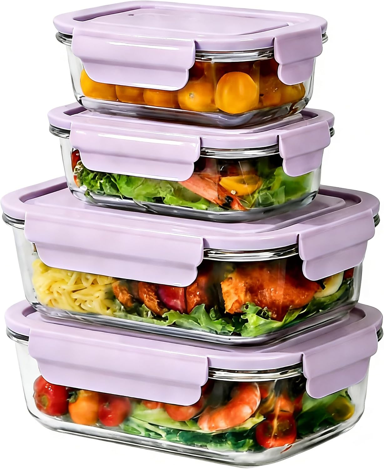 Glass Food Storage Containers with Lids, Airtight Meal Prep Containers, 4 Pack Set with Multiple Sizes (Purple)