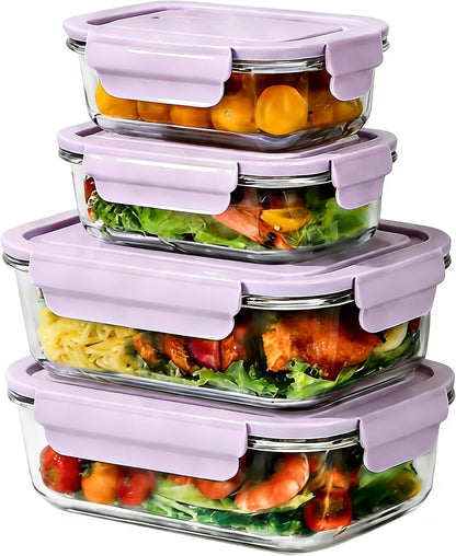 Glass Food Storage Containers with Lids, Airtight Meal Prep Containers, 4 Pack Set with Multiple Sizes (Purple)