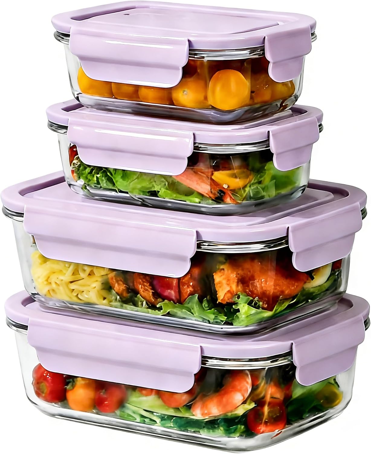Glass Food Storage Containers with Lids, Airtight Meal Prep Containers, 4 Pack Set with Multiple Sizes (Purple)