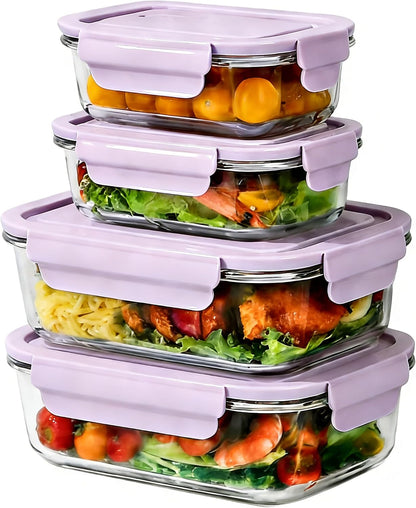 Glass Food Storage Containers with Lids, Airtight Meal Prep Containers, 4 Pack Set with Multiple Sizes (Purple)