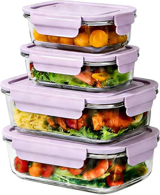Glass Food Storage Containers with Lids, Airtight Meal Prep Containers, 4 Pack Set with Multiple Sizes (Purple)