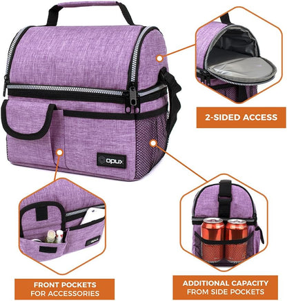 opux Insulated Lunch Bag Women Men, Dual Compartment Leakproof Lunch Box Adults Kids, Double Decker Meal Prep Bento Lunch Cooler Tote with Shoulder Strap for Work Office School Travel, Floral Purple