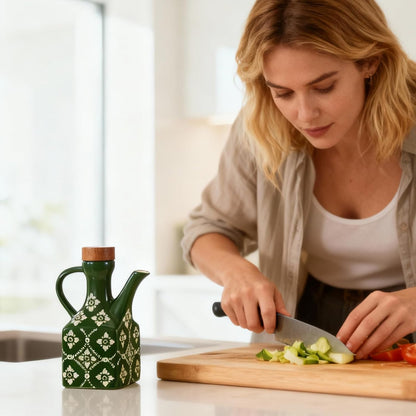 8.5 oz Ceramic Olive Oil Dispenser Bottle Decorative Olive Oil Dispenser Bottle with Handle & Wooden Stopper Relief Opaque Ceramic Oil Cruet for Kitchen Cooking Oil Vinegar (Blue)