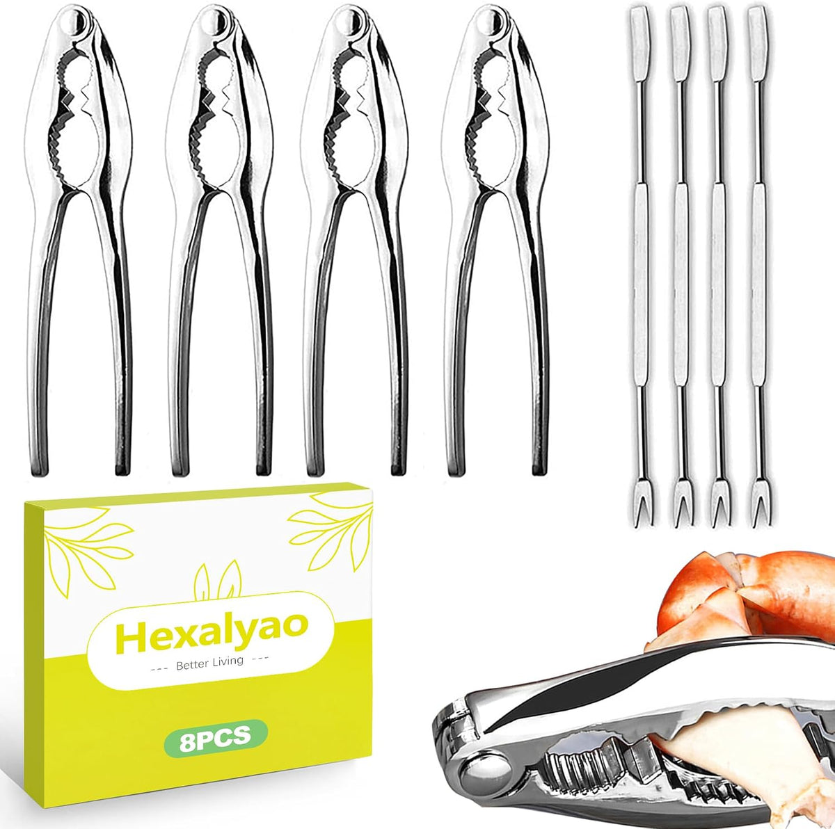 8 Piece Crab and Lobster Crackers Set Heavy Duty Stainless Steel Seafood Nutcracker Tool for Crab Legs Clams Shrimp Shells Easy Grip Kitchen Tool