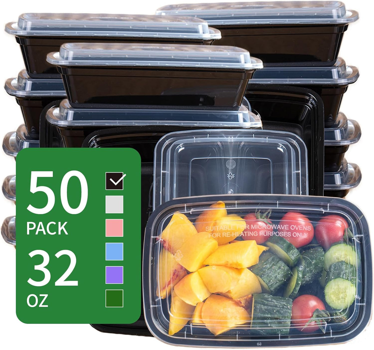 30oz Meal Prep Containers Bulk 50-Pack - 2-Compartment with Lids, Leakproof, Microwave/Freezer/Dishwasher Safe - Commercial Food Storage, Black