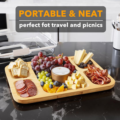 SpaceAid Charcuterie Board with Clear Lid, Portable Travel Cheese Cutting Boards for Picnic Accessories, Bamboo Serving Tray with Lids, House Warming Gifts, Black Handles, 8 Compartments