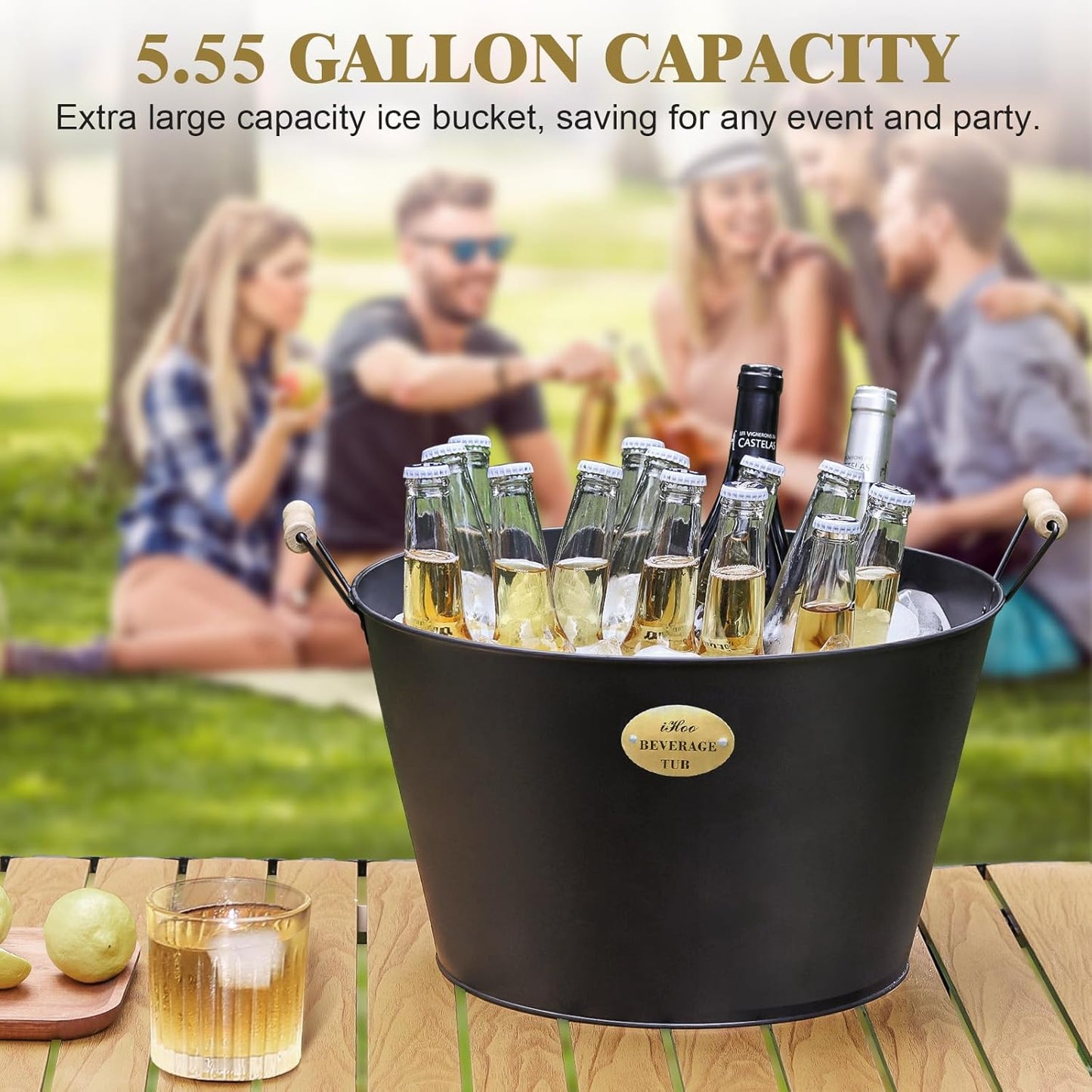 5.5 Gallon Large Beverage Tubs for Parties, 21L Galvanized Ice Bucket with Wooden Handles for Beer, Wine, Cocktails & Outdoor Events -Black