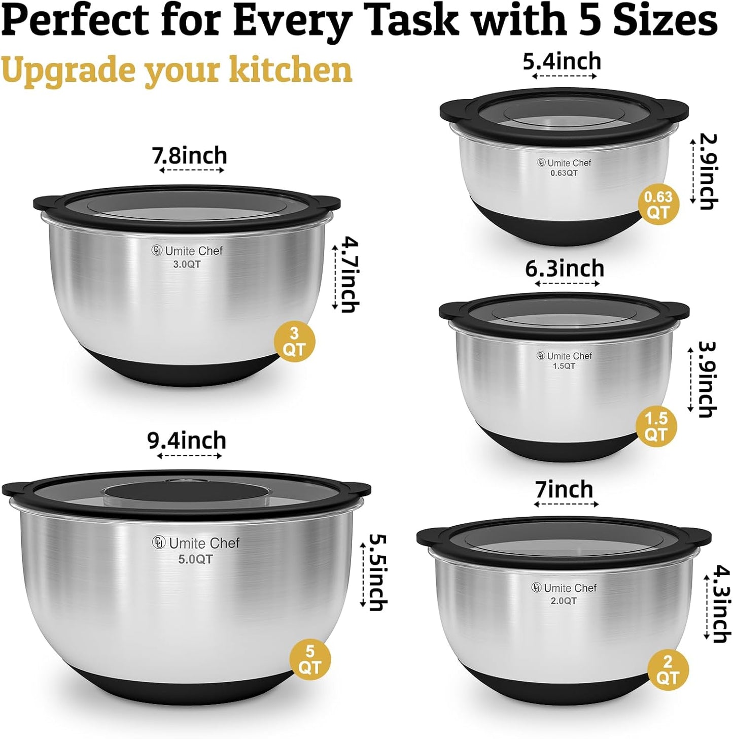 Mixing Bowles Set with Lids Set - Warp-Proof TPR-AS Lids, Stainless Steel Mixing Bowl with 3 Graters & Measuring Lines, Non-Slip Bowls for Baking, Prep, Airtight Food Storage (Khaki 5/3/2/1.5/0.63QT)