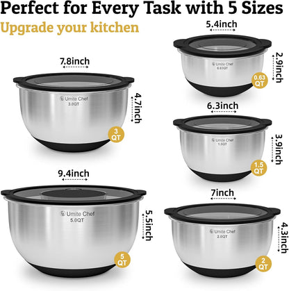 Mixing Bowles Set with Lids Set - Warp-Proof TPR-AS Lids, Stainless Steel Mixing Bowl with 3 Graters & Measuring Lines, Non-Slip Bowls for Baking, Prep, Airtight Food Storage (Khaki 5/3/2/1.5/0.63QT)