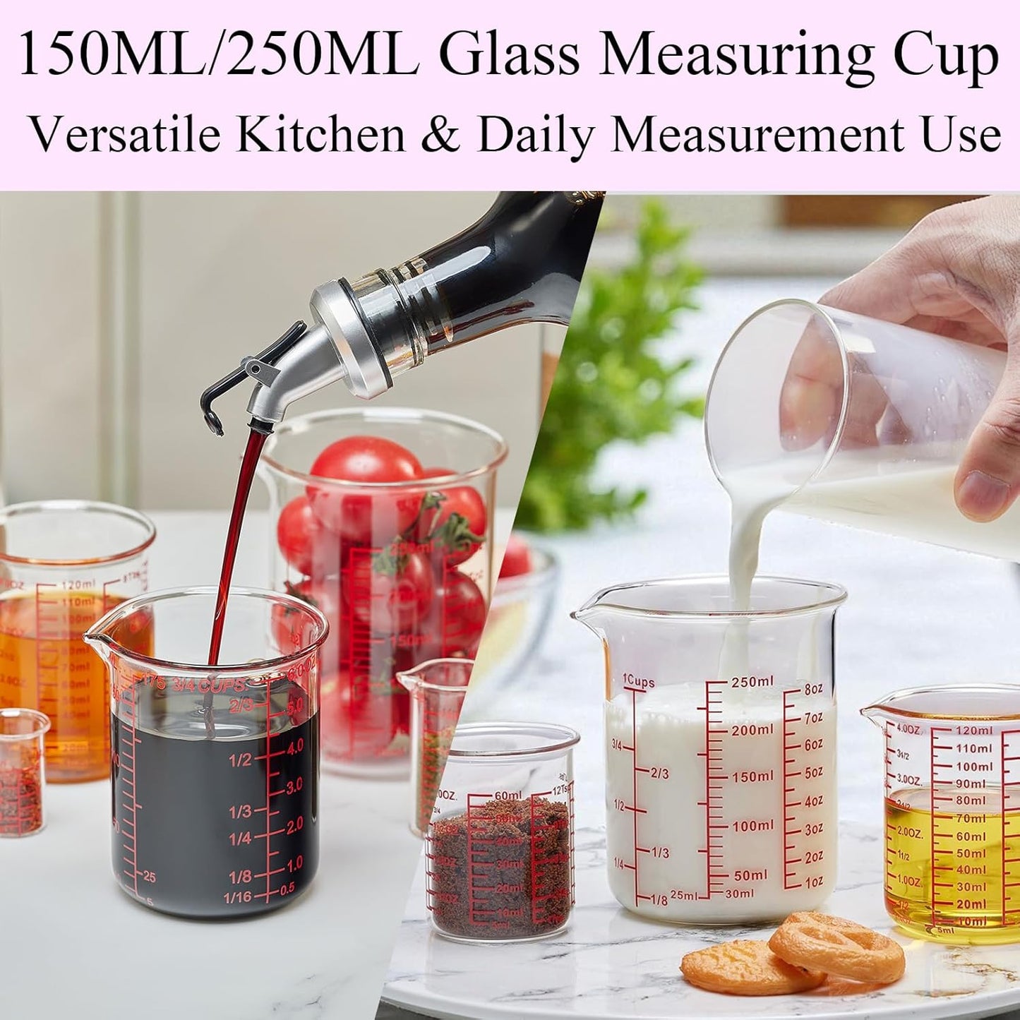 3 Piece Glass Measuring Cup Set, Includes 1/2-Cup, 1-Cup, and 2-Cup High Borosilicate Glasss Liquid Measuring Cups, Dishwasher, Freezer, Microwave, and Preheated Oven Safe, Essential Kitchen Tools