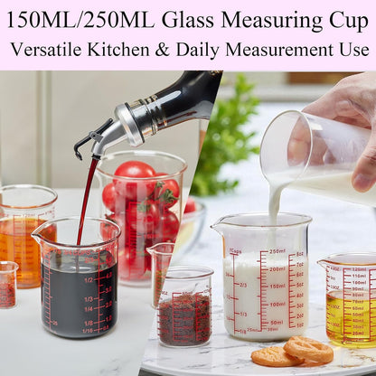 3 Piece Glass Measuring Cup Set, Includes 1/2-Cup, 1-Cup, and 2-Cup High Borosilicate Glasss Liquid Measuring Cups, Dishwasher, Freezer, Microwave, and Preheated Oven Safe, Essential Kitchen Tools